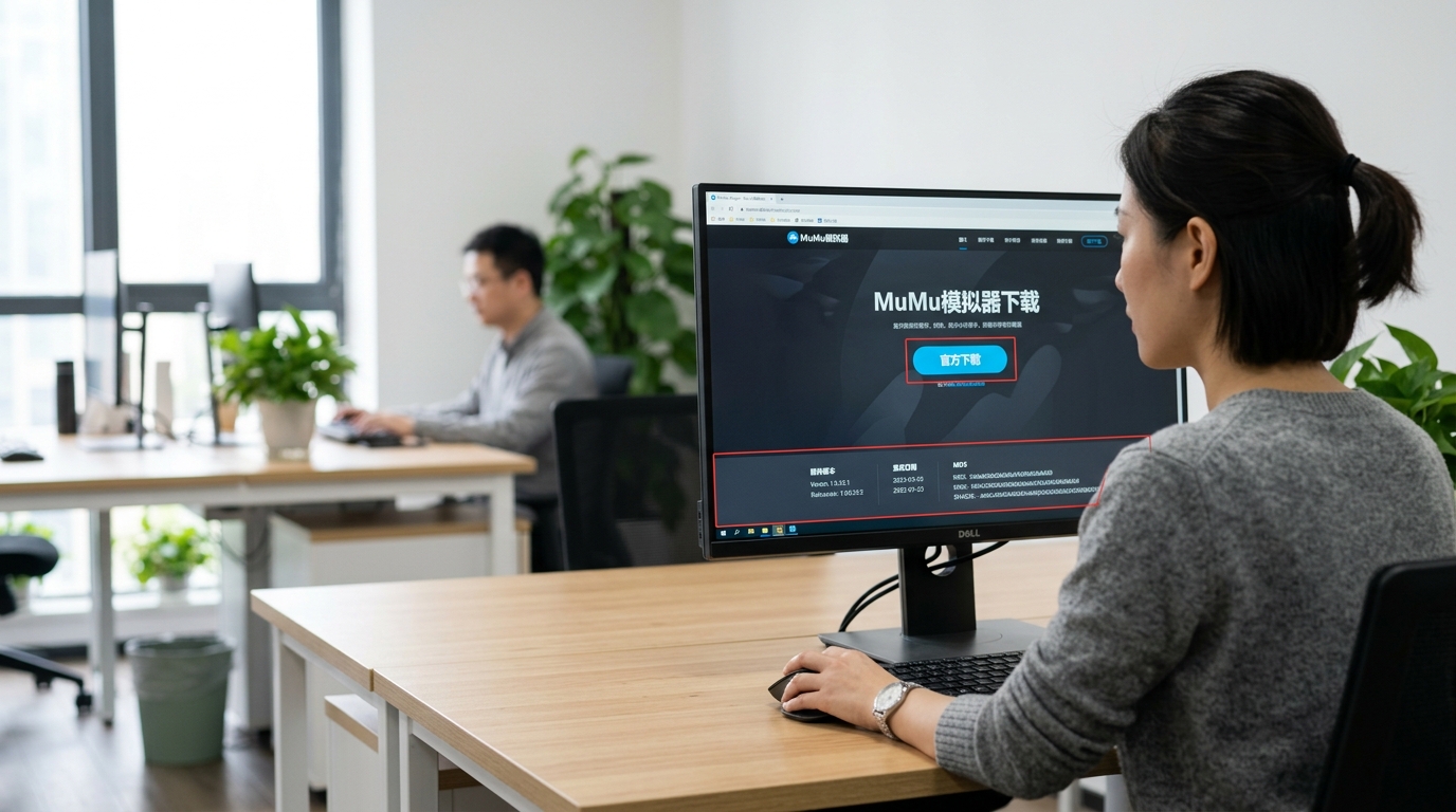 MuMu模拟器官网下载页面,展示安全下载入口与文件校验信息