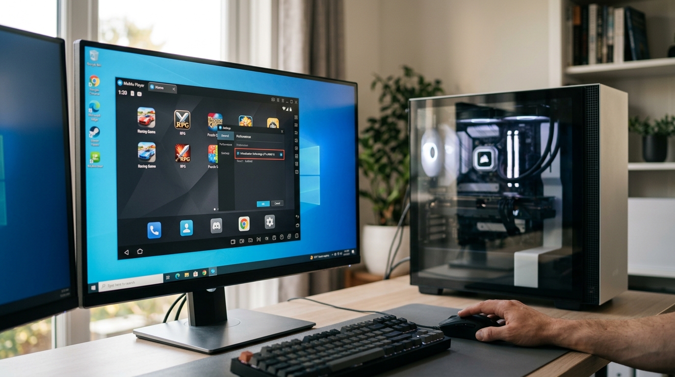 mumu模拟器在 Windows 电脑上运行安卓手游的界面与 VT 虚拟化设置示意